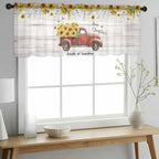 Farmhouses Sunflowers Sheer Valance Curtains, Retro Floral Leaves Red Truck Wood Grain Light Filtering Kitchen Valances Rod Pocket Voile Curtain Treatment for Bedroom/Living Room/Basement 42Wx12L