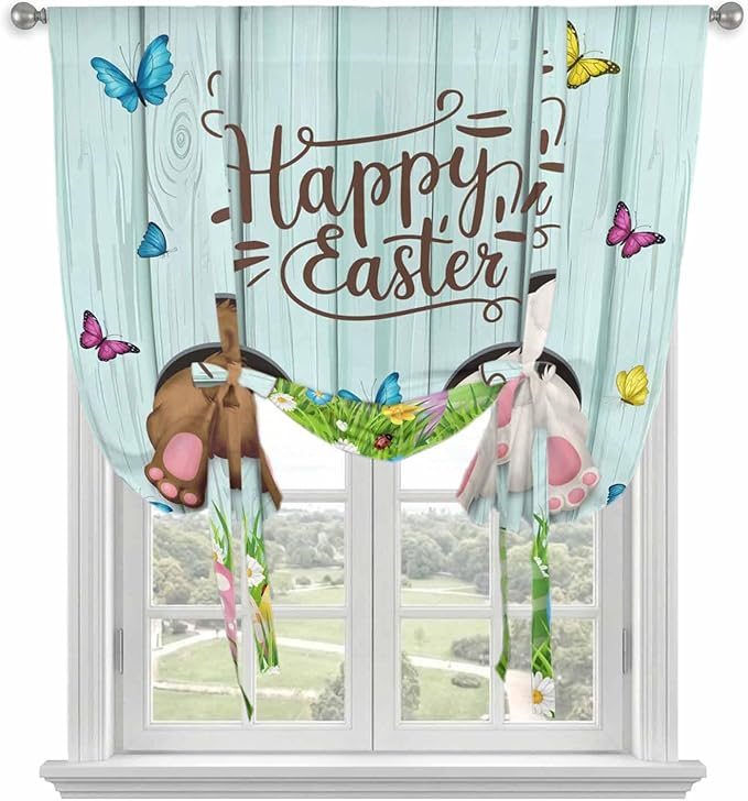 Tie Up Curtains,Happy Easter Bunny Butt Egg Floral Adjustable Rod Pocket Window Shade Curtain Drape Spring Plant on Aqua Wood Tie-Up Valance for Kitchen Bedroom Living Room Windows,52"x45"