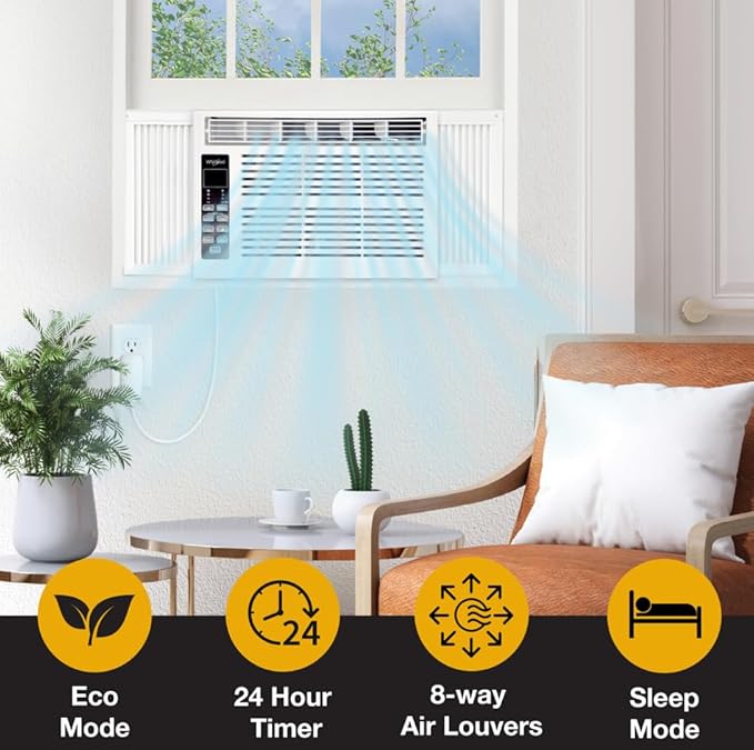 Whirlpool 10,000 BTU Window Air Conditioner with Dehumidifier, 115V, Window AC for Rooms up to 450 Sq. Ft., Living Room, Bedroom, or Kitchen, with Remote Control, Digital Display, and 24H-Timer, White