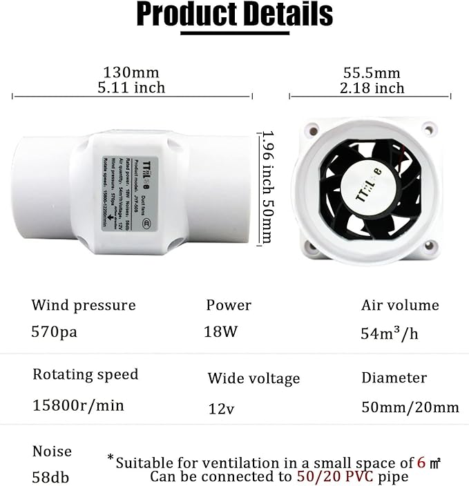 18W 12V Duct Extractor Fan 2” 50mm with 20mm PVC Pipe Interface 32 CFM Air Circulation Vent Blower for Heating Cooling Greenhouse (Color : Not Adjustable Speed, Size : 50mm/20mm)
