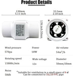 18W 12V Duct Extractor Fan 2” 50mm with 20mm PVC Pipe Interface 32 CFM Air Circulation Vent Blower for Heating Cooling Greenhouse (Color : Adjustable Speed, Size : 50mm/20mm)