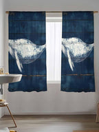 Sheer Curtains 63 Inch Length, Summer Whale Semi Sheer Curtains Light Filtering Window Treatment, Ocean Watercolor Wooden Grain Blue Privacy Voile Drapes for Living Room Bedroom 52x63 Inch