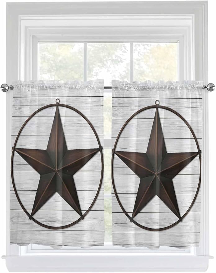 Vintage Farm Western Star Window Valance Curtains, White Wood Grain Light Filtering Kitchen Valance with 3-inch Rod Pocket for Living Room Bathroom Bedroom,2 Panel,42x54In