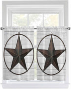 Vintage Farm Western Star Window Valance Curtains, White Wood Grain Light Filtering Kitchen Valance with 3-inch Rod Pocket for Living Room Bathroom Bedroom,2 Panel,42x54In