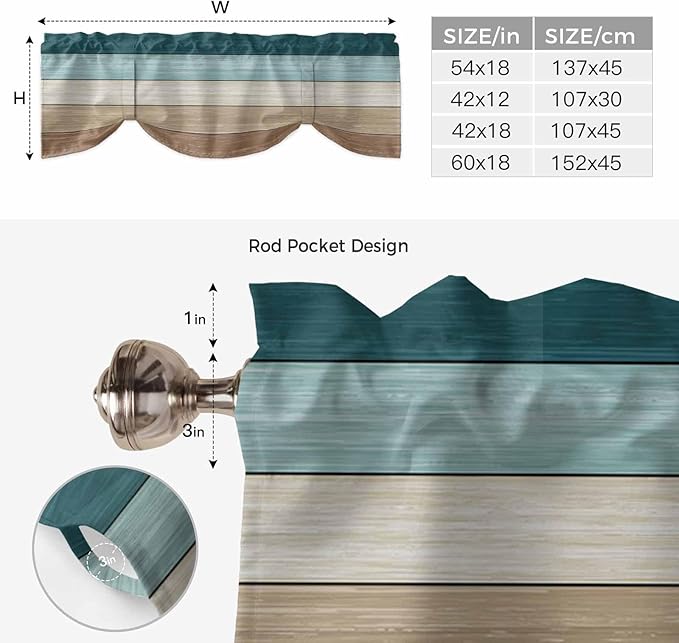 Teal Brown Tie Up Valance Curtains for Windows, Kitchen Curtains Window Shades, Farmhouse Vintage Abstract Wooden Grain Light Filtering Roman Curtain Valances for Bedroom/Bathroom/Cafe 60"x18"