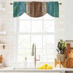 Teal Blue Brown Tie Up Valance Curtains for Windows, Kitchen Curtains Window Shades, Farmhouse Retro Wooden Grain Stripes Light Filtering Roman Curtain Valances for Bedroom/Bathroom/Cafe 42"x12"
