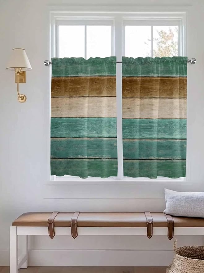 Vintage Plank Turquoise Brown Window Valance Curtains, Farmhouse Wood Grain Light Filtering Kitchen Valance with 3-inch Rod Pocket for Living Room Bathroom Bedroom,2 Panel,52x45In