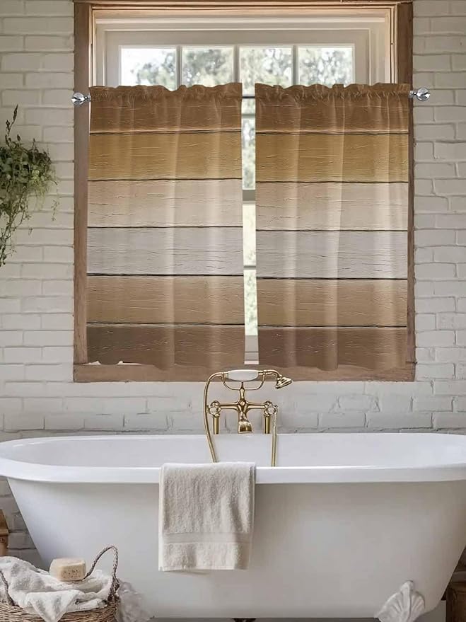 Vintage Brown Gradient Wood Grain Window Valance Curtains, Farmhouse Wood Barn Light Filtering Kitchen Valance with 3-inch Rod Pocket for Living Room Bathroom Bedroom,2 Panel,42x45In