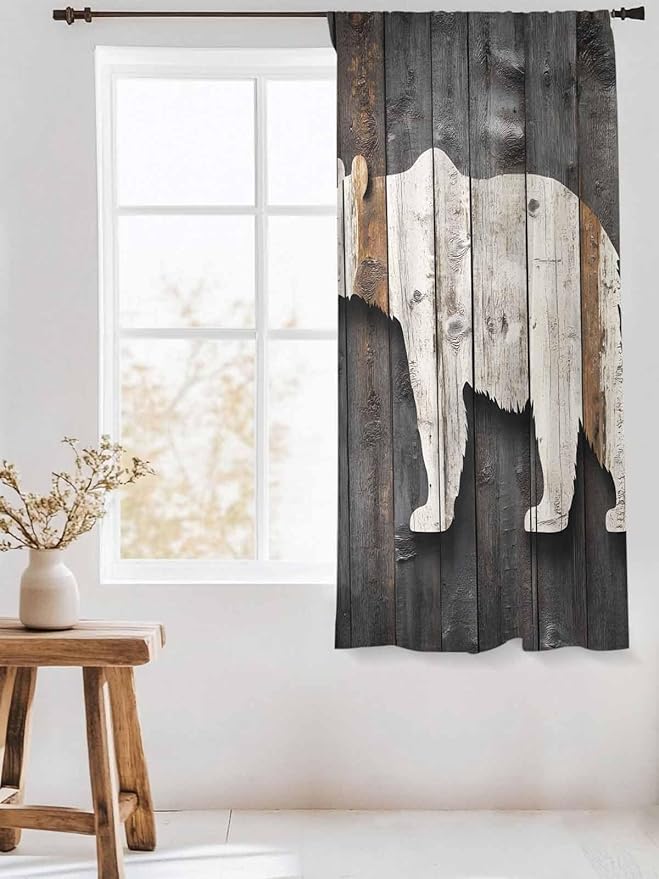 Sheer Curtains 72 Inches Long, Vintage White Brown Bear Semi Sheer Curtains Light Filtering Window Treatment, Retro Country Rustic Wood Grain Privacy Voile Drapes for Living Room Bedroom 52x72 Inch