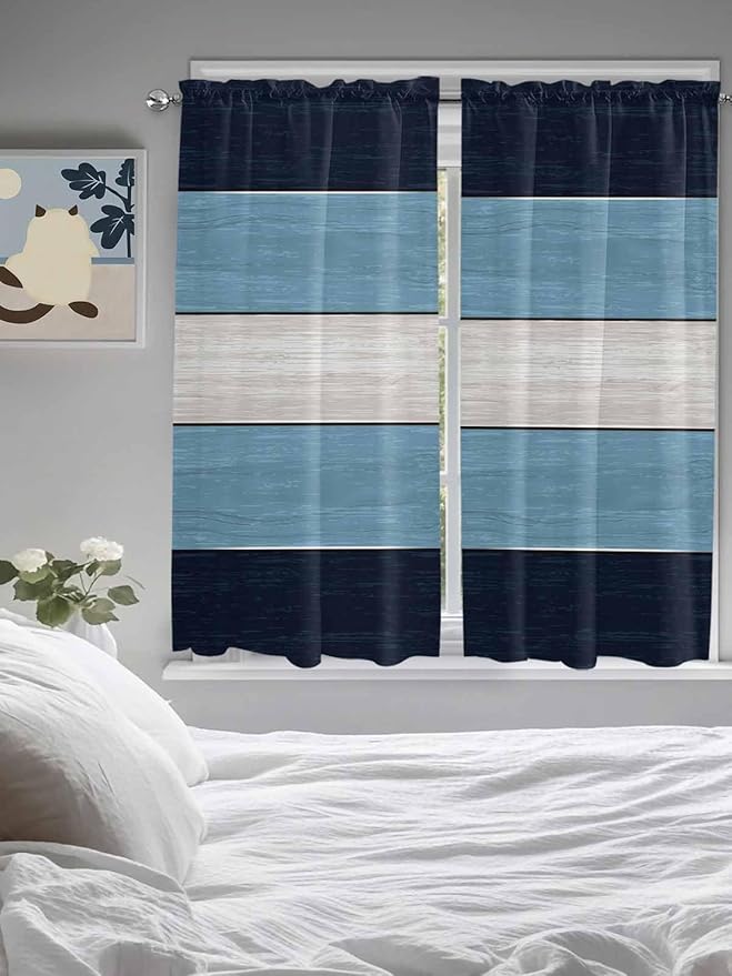 Vintage Country Woodcuts Window Valance Curtains, Blue Gradient Striped Light Filtering Kitchen Valance with 3-inch Rod Pocket for Living Room Bathroom Bedroom,2 Panel,52x72In