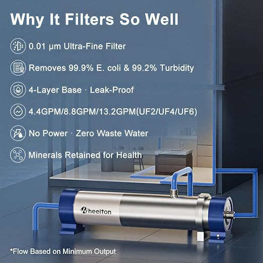 Under Sink Water Filter System Reduces 99% of Contaminants>0.01μm, 4.4GPM/26K Gal, Stainless Steel Ultra-Filtration Water Filter for Sink with 3-5 Year Service Life for Well & City Water- UF2