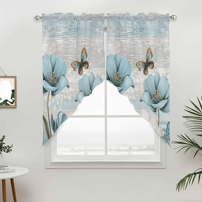 Spring Floral Swag Valances for Windows, Vintage Tulips Flower Butterfly Retro Wood Blue Rod Pocket Kitchen Curtains Valance, Small Window Curtains Swag for Cafe Living Room, 2 Panels, 36x36 inch