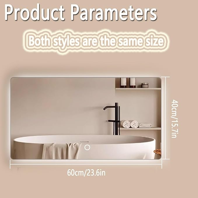 Backlit LED Illuminated Bathroom Mirror with LED Lights, Lighted Bathroom Makeup Wall Mounted Mirror with Demister Pad, Sensor Touch Switch, Horizontal/Vertical(A,H40*W60CM/H15.7*W23.6IN)
