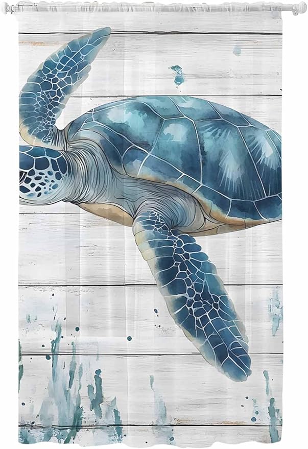 Sheer Curtains 84 Inches Long, Teal Green Ocean Turtle Semi Sheer Curtains Light Filtering Window Treatment, Coastal Seaweed Wood Grain Privacy Voile Drapes for Living Room Bedroom 52x84 Inch