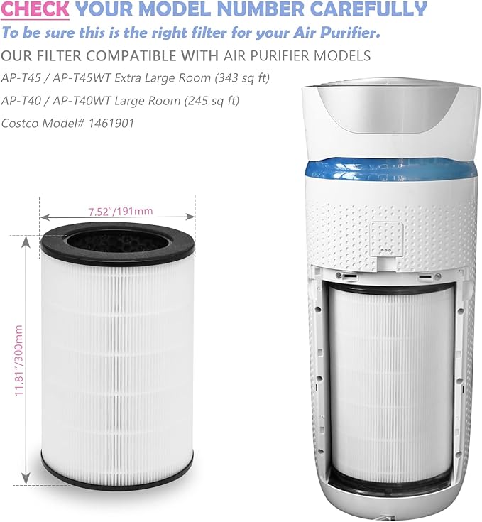 AP-T40FL Replacement Filter Compatible with Homedics Air Purifier Models# AP-T45, AP-T45WT, AP-T40, AP-T40WT, AP-T40WTAR,1461901 (Costco Model)