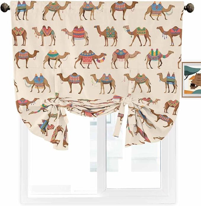 Tie Up Curtains for Windows, Summer Camels Adjustable Balloon Nature Linen Textured Kitchen Curtain, Farmhouse Retro Cartoon Desert Animals Tie Up Blackout Curtains for Bedroom, 52 x 63 Inches