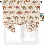 Tie Up Curtains for Windows, Summer Camels Adjustable Balloon Nature Linen Textured Kitchen Curtain, Farmhouse Retro Cartoon Desert Animals Privacy Curtains Balloon Blind for Cafe, 42 x 63 Inches