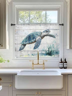 Sheer Curtains 45 Inch Length, Teal Green Sea Turtle Semi Sheer Curtains Light Filtering Window Treatment, Summer Ocean Vintage Wood Grain Privacy Voile Drapes for Living Room Bedroom 52x45 Inch