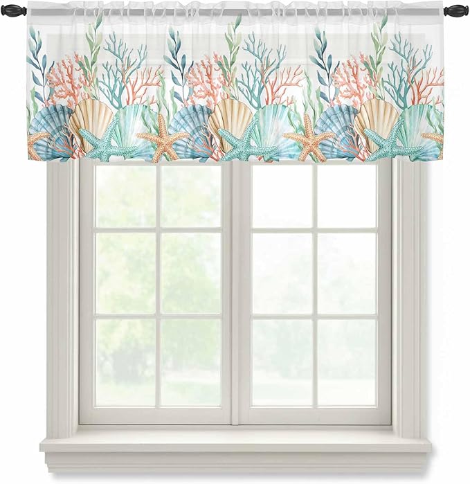 Summer Beach Sheer Valance Curtains, Ocean Colorful Coral Shell Seaweed Starfish Light Filtering Kitchen Valances Rod Pocket Voile Curtain Window Treatment for Bedroom/Living Room/Basement 54Wx18L
