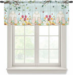 Easter Sheer Valances for Windows 60"x18", Light Filtering Kitchen Curtains Valance, Spring Watercolor Eggs Tulip Wooden Grain Teal Rod Pocket Chiffon Curtains for Living Room Bedroom Cafe