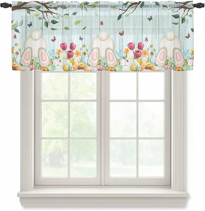 Easter Sheer Valances for Windows 42"x12", Light Filtering Kitchen Curtains Valance, Spring Watercolor Eggs Tulip Wooden Grain Teal Rod Pocket Chiffon Curtains for Living Room Bedroom Cafe