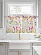 Happy Easter Half Window Curtain 36 Inches Long, Spring Farmhouse Bunny Eggs Flower Beige Window Treatment Curtain Drapes, Small Tier Curtains for Bathroom Over Sink, 27.5"x36", 2 Panels