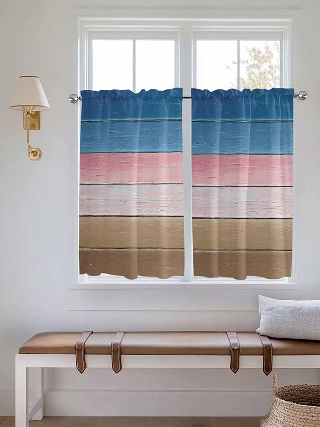 Blue Pink Brown Gradient Wood Grain Window Valance Curtains, Vintage Wood Board Light Filtering Kitchen Valance with 3-inch Rod Pocket for Living Room Bathroom Bedroom,2 Panel,27.5x45In