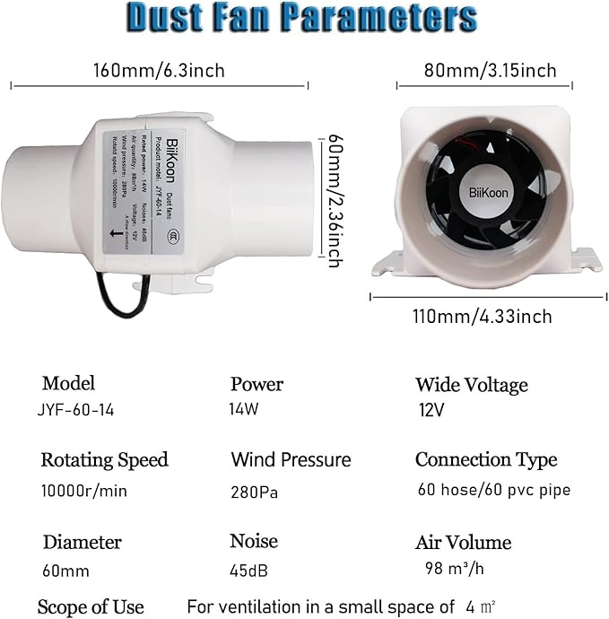 Small Inline Duct Fan 12V 2.36 Inch 60Mm Ventilation Exhaust Booster 14W 58 Cfm Intake Extractor Blower for Carbon Filter Grow Tent Room (Color : Adjustable Speed, Size : 14w)