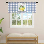 Lemon Sheer Valance Curtains, Summer Fruit Floral Wood Grain Blue Plaid Light Filtering Kitchen Valances Rod Pocket Voile Curtain Window Treatment for Bedroom/Living Room/Basement 42Wx12L