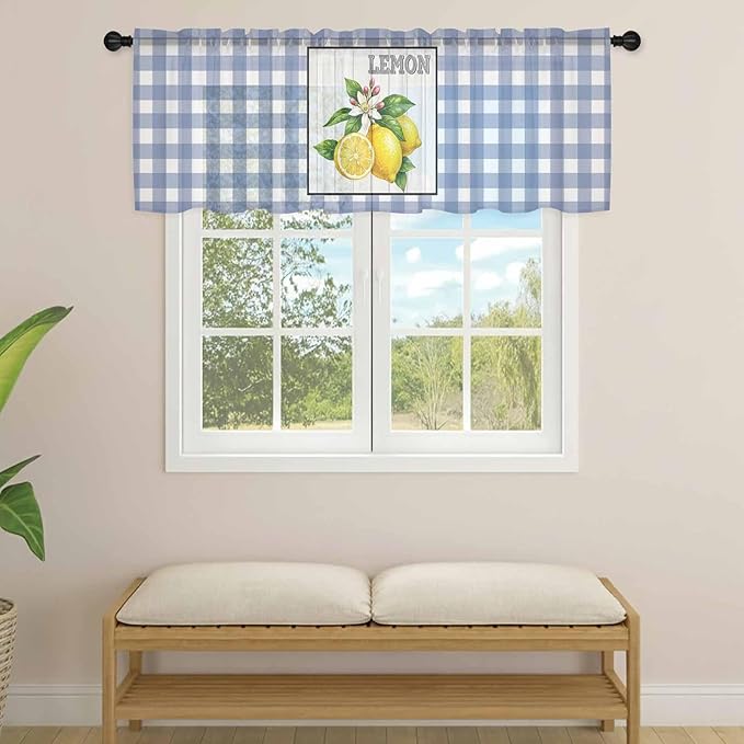 Lemon Sheer Valance Curtains, Summer Fruit Floral Wood Grain Blue Plaid Light Filtering Kitchen Valances Rod Pocket Voile Curtain Window Treatment for Bedroom/Living Room/Basement 42Wx18L