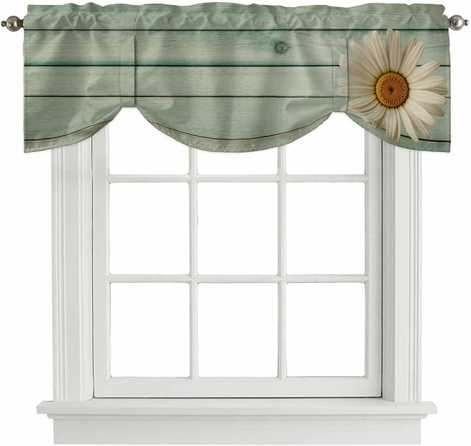 Daisy Flower Tie Up Valance Curtains for Windows, Kitchen Curtains Window Shades, Modern Art Floral Farmhouse Teal Wooden Grain Light Filtering Roman Curtain Valances for Bedroom/Bathroom/Cafe 42"x18"