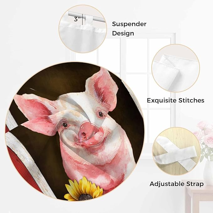 Pigs Sunflowers Kitchen Curtains 45 Inch Length, Short Cafe Window Curtains Tab Top, Farmhouse Red Barn Flowers Animals Light Filtering Window Treatments Tier Drapes 27.5"x45" 2 Panel