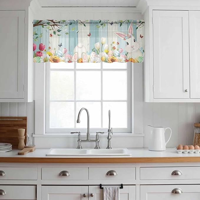 Easter Sheer Valances for Windows 54"x18", Light Filtering Kitchen Curtains Valance, Spring Watercolor Bunny Eggs Tulip Wooden Grain Rod Pocket Chiffon Curtains for Living Room Bedroom Cafe