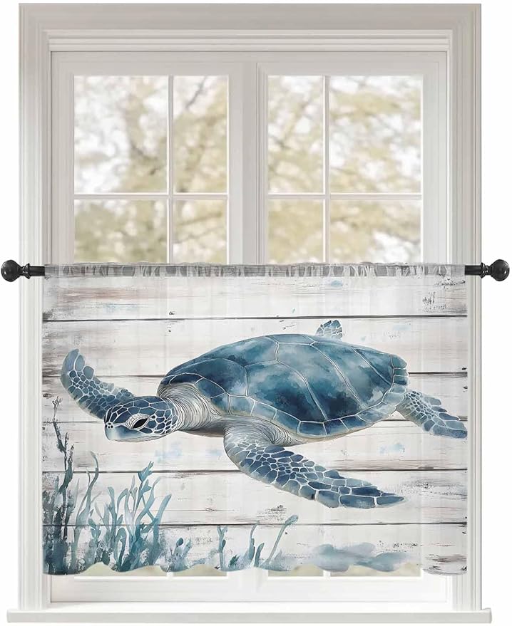 Sheer Curtains 54 Inch Length, Ocean Sea Turtle Semi Sheer Curtains Light Filtering Window Treatment, Coastal Seaweed Vintage Wood Grain Privacy Voile Drapes for Living Room Bedroom 52x54 Inch