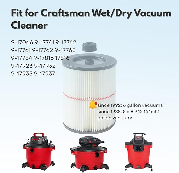 Nispira 9-17816 17816 Red Stripe Replacement HEPA Filter for Craftsman Craftsman Shop Vac Wet/Dry Vacuum 5/6/8/12/16/32 Gallon Larger, 4 Pack