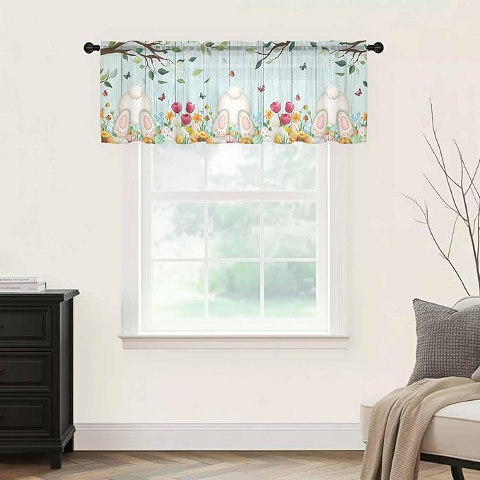 Easter Sheer Valances for Windows 54"x18", Light Filtering Kitchen Curtains Valance, Spring Watercolor Eggs Tulip Wooden Grain Teal Rod Pocket Chiffon Curtains for Living Room Bedroom Cafe