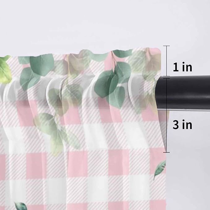 Easter Sheer Valances for Windows 42"x18", Light Filtering Kitchen Curtains Valance, Spring Watercolor Bunny Eggs Flower Leaf Pink Plaid Rod Pocket Chiffon Curtains for Living Room Bedroom Cafe