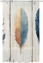 Sheer Curtains 96 Inches Long, Blue Brown Feathers Semi Sheer Curtains Light Filtering Window Treatment, Boho Ombre Vintage Wooden Grain Privacy Voile Drapes for Living Room Bedroom 52x96 Inch