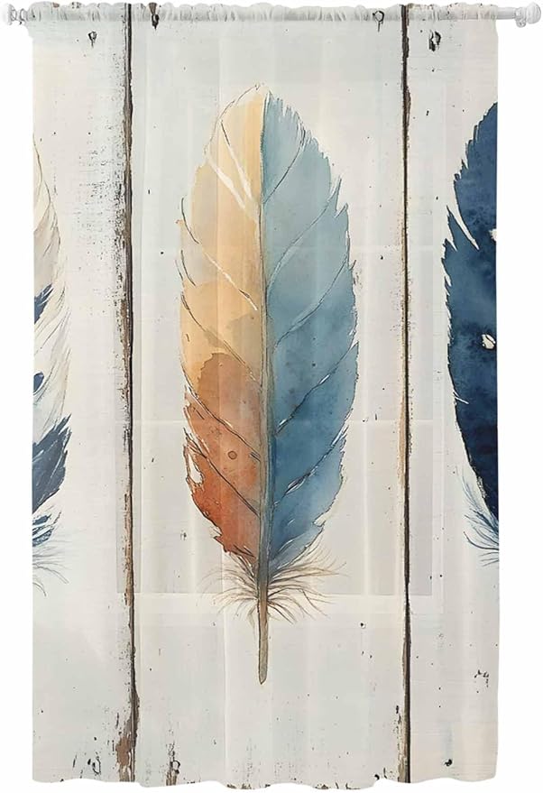 Sheer Curtains 96 Inches Long, Blue Brown Feathers Semi Sheer Curtains Light Filtering Window Treatment, Boho Ombre Vintage Wooden Grain Privacy Voile Drapes for Living Room Bedroom 52x96 Inch