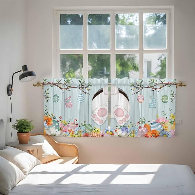 Easter Bunny Kitchen Tier Curtains 24 Inch Long 2 Panel Set,Rod Pocket Cafe Small Window Curtains Over Sink,Easter Eggs Spring Farmhouse Wood Grain Teal Blue Light Filtering Short Drapes 27.5"W x 24"L