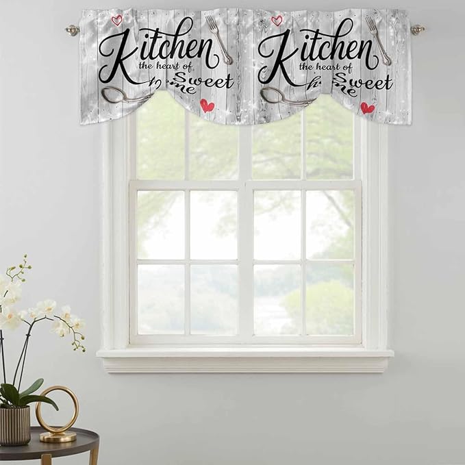Kitchen Knife Fork Tie Up Valance Curtains for Windows, Kitchen Curtains Window Shades, Vintage Love Heart Grey Wood Grain Light Filtering Roman Curtain Valances for Bedroom/Bathroom/Cafe 60"x18"