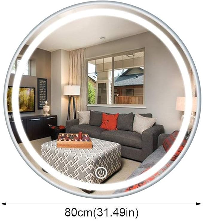 Round Waterproof LED Bathroom Wall Makeup Mirrors with White Light Sensor Touch Control and Demister Pad (Color : with Frame Size : 70cm) (Without Frame 80cm)