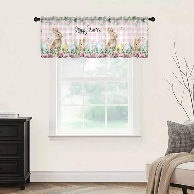 Easter Sheer Valances for Windows 60"x18", Light Filtering Kitchen Curtains Valance, Spring Watercolor Bunny Eggs Flower Leaf Pink Plaid Rod Pocket Chiffon Curtains for Living Room Bedroom Cafe