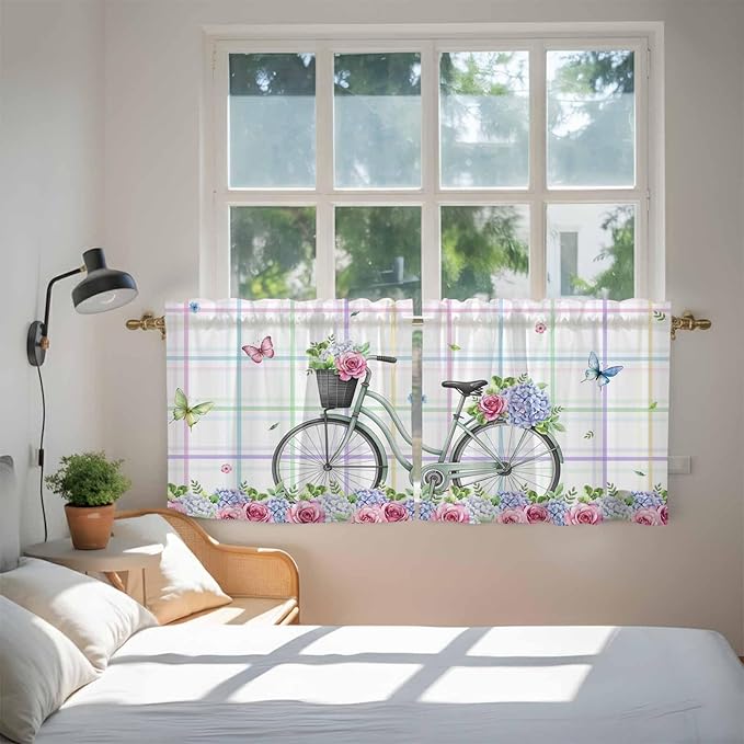 Spring Tier Curtains, Bicycles Botanical Leaves Rose Colorful Stripes Light Filtering Kitchen Curtains, 2Pcs Rod Pocket Half Window Treatments Panels for Sink Cafe Cabinet Camper 27.5x24 Inches