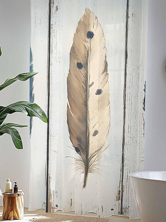 Sheer Curtains 84 Inches Long, Farmhouse Feather Semi Sheer Curtains Light Filtering Window Treatment, Watercolor Vintage Wooden Grain Privacy Voile Drapes for Living Room Bedroom 52x84 Inch