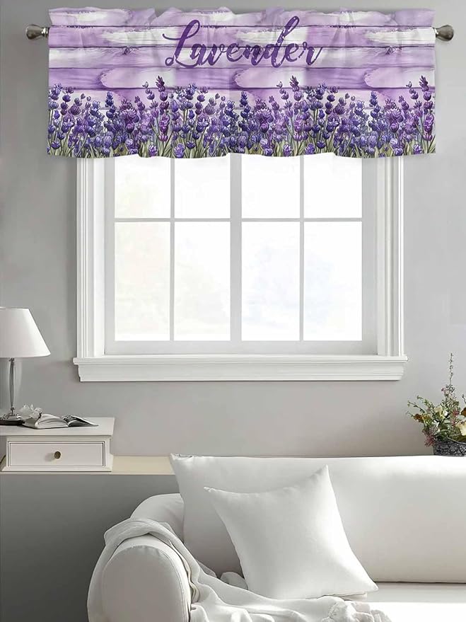Kitchen Valances for Window, Retro Lavender on Farm Wood Grain Light Filtering Rod Pocket Valance Curtain, Watercolor Purple Flowers Short Curtains Window Topper for Bedroom Living Room 42x12in