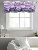 Kitchen Valances for Window, Retro Lavender on Farm Wood Grain Light Filtering Rod Pocket Valance Curtain, Watercolor Purple Flowers Short Curtains Window Topper for Bedroom Living Room 54x18in