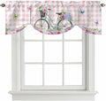 Spring Tie Up Valance Curtains for Windows, Kitchen Curtains Window Shades, Bicycles Leaves Butterfly Flowers Pink Buffalo Plaid Light Filtering Curtain Valances for Bedroom/Bathroom/Cafe 54"x18"