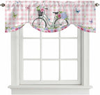 Spring Tie Up Valance Curtains for Windows, Kitchen Curtains Window Shades, Bicycles Leaves Butterfly Flowers Pink Buffalo Plaid Light Filtering Curtain Valances for Bedroom/Bathroom/Cafe 54"x18"