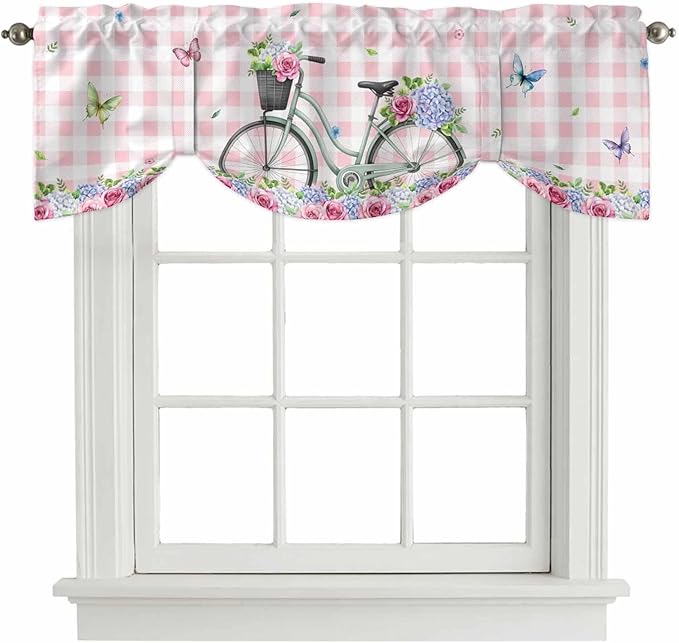 Spring Tie Up Valance Curtains for Windows, Kitchen Curtains Window Shades, Bicycles Leaves Butterfly Flowers Pink Buffalo Plaid Light Filtering Curtain Valances for Bedroom/Bathroom/Cafe 60"x18"